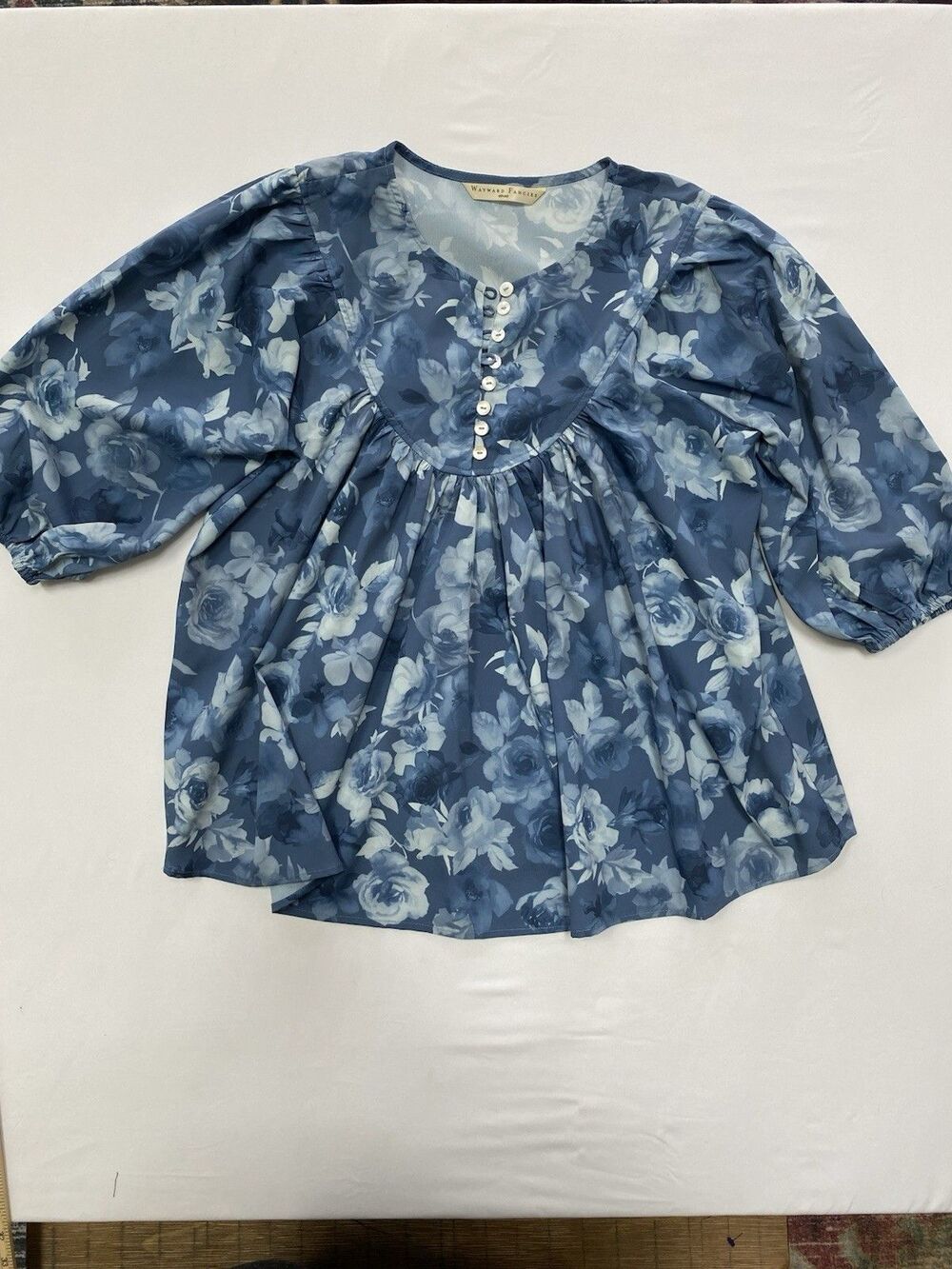 Wayward Fancies by eShakti Blue Floral Puff Sleeve Peasant Blouse Cottagecore